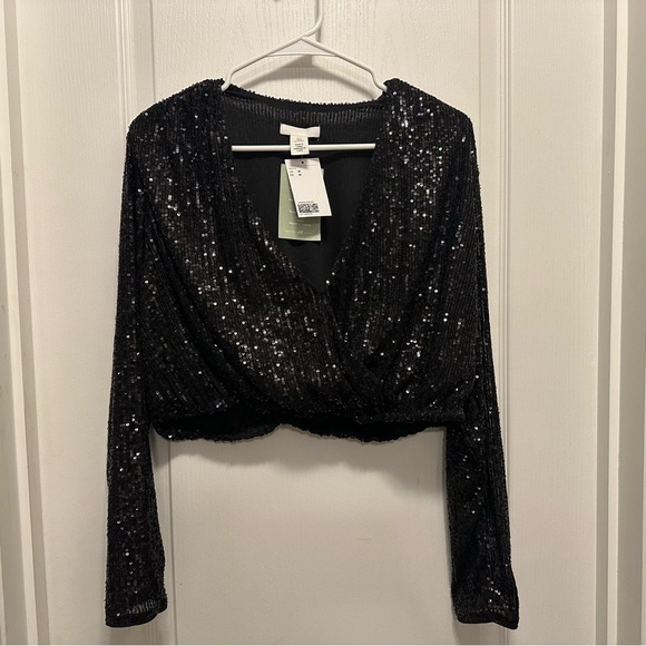 H&M Black Sequin Long Sleeve Sheer Crop Top - Picture 2 of 11